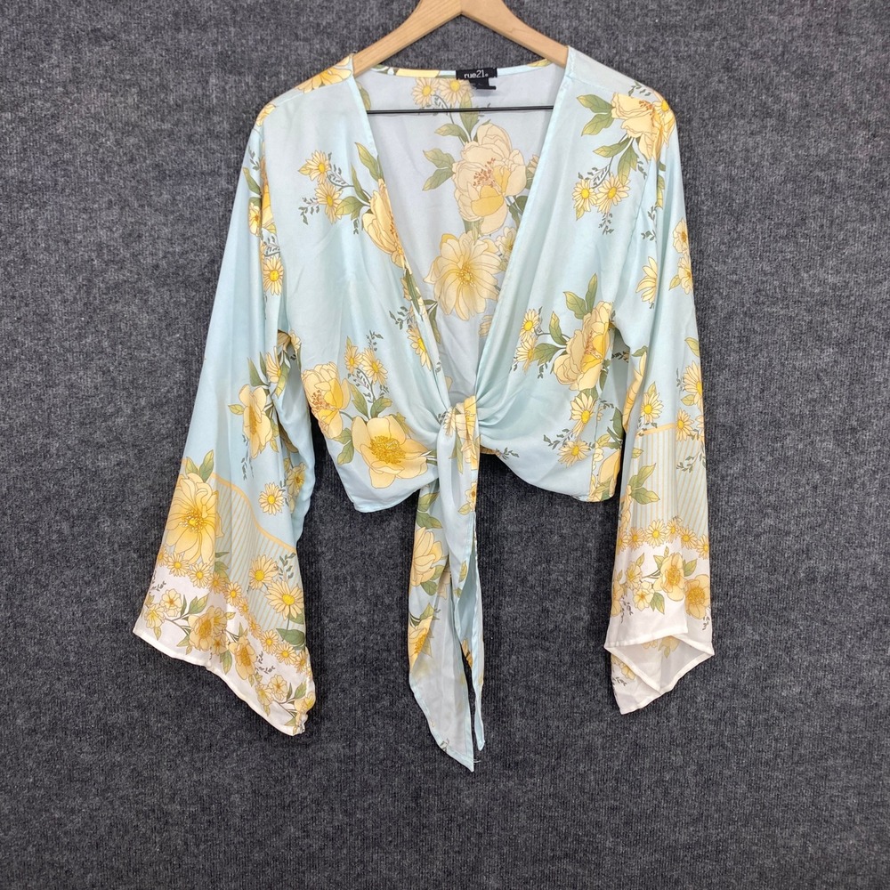 rue21 Womens Large Light Blue Floral Tie Front Bell Sleeve Crop Top Woven
